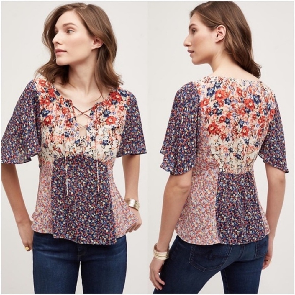 Anthropologie HD in Paris Palo Alto Floral Patchwork Lace Up Blouse-Size 8-Boho